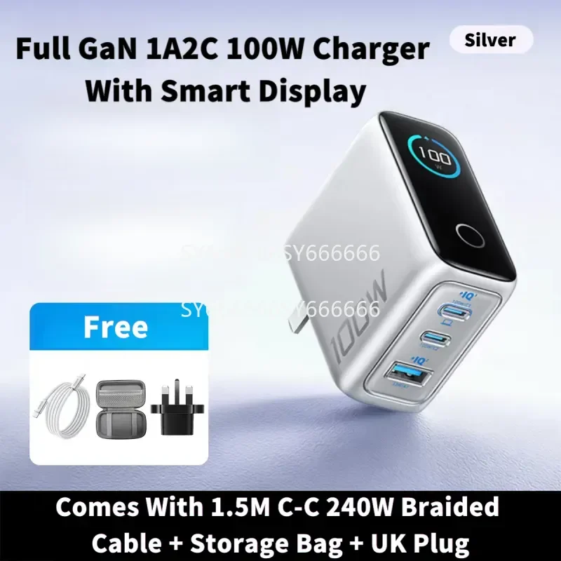 New Fast Charger Compatible With Anker 100W Silver GaN 1A2C 3 Ports With Smart Display US Standard 100V-240V Free UK Plug