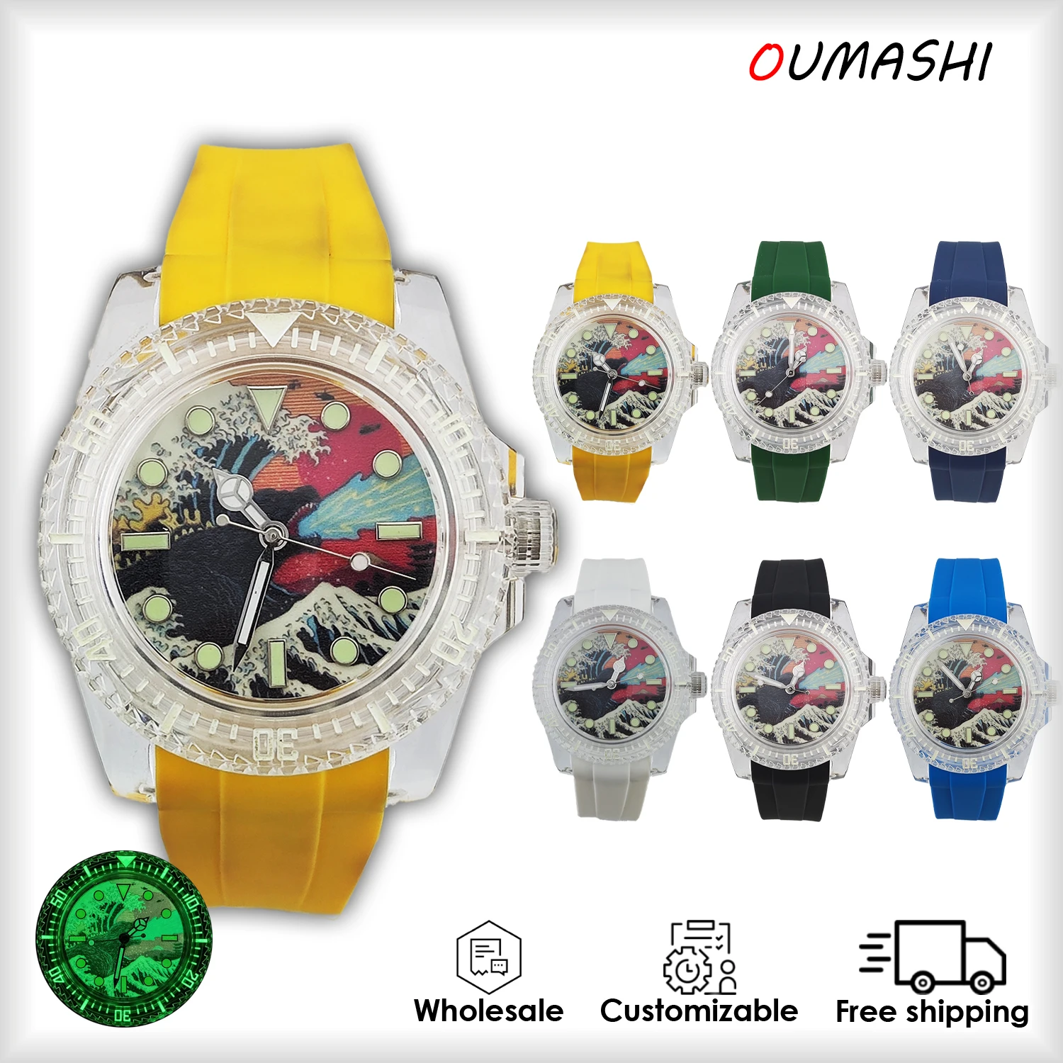 39mm Automatic Watch for Men Fashion Transparency Case 3ATM waterproof Full Luminous Kanagawa Dial Customizable Men's Watch