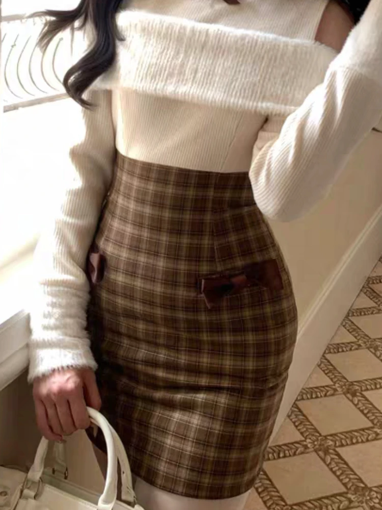 겨울 일본식 니트 스위트 패치워크 드레스 여성 귀여운 브라운 빈티지 체크무늬 파티 드레스 신상 하라주쿠 스타일 시크 의류 2025