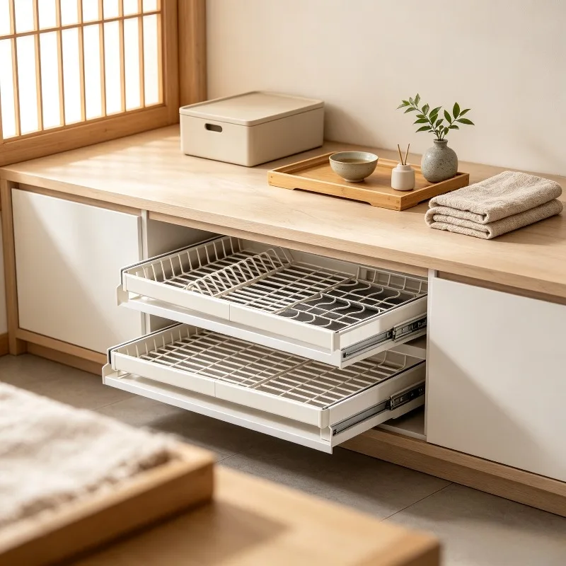 No-drill Adjustable Cabinet Basket, Expandable Slide-out Rack Organizer for Kitchen, Stainless Steel Drainage Tray with Holder.