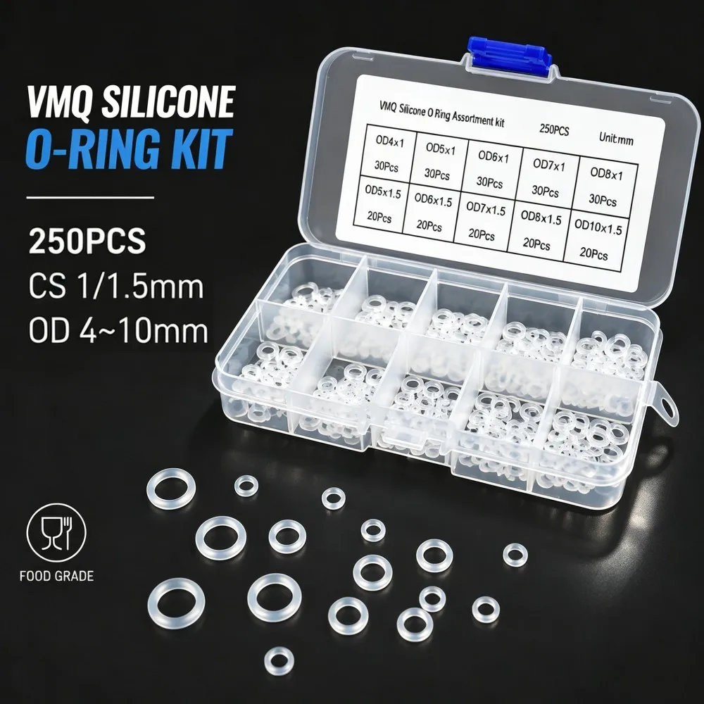 250Pcs High Temp Resistant Food Grade VMQ Silicone O Ring Kit  White Non-Toxic Sealing Rings CS1/1.5mm Outer Diameter 4-10mm