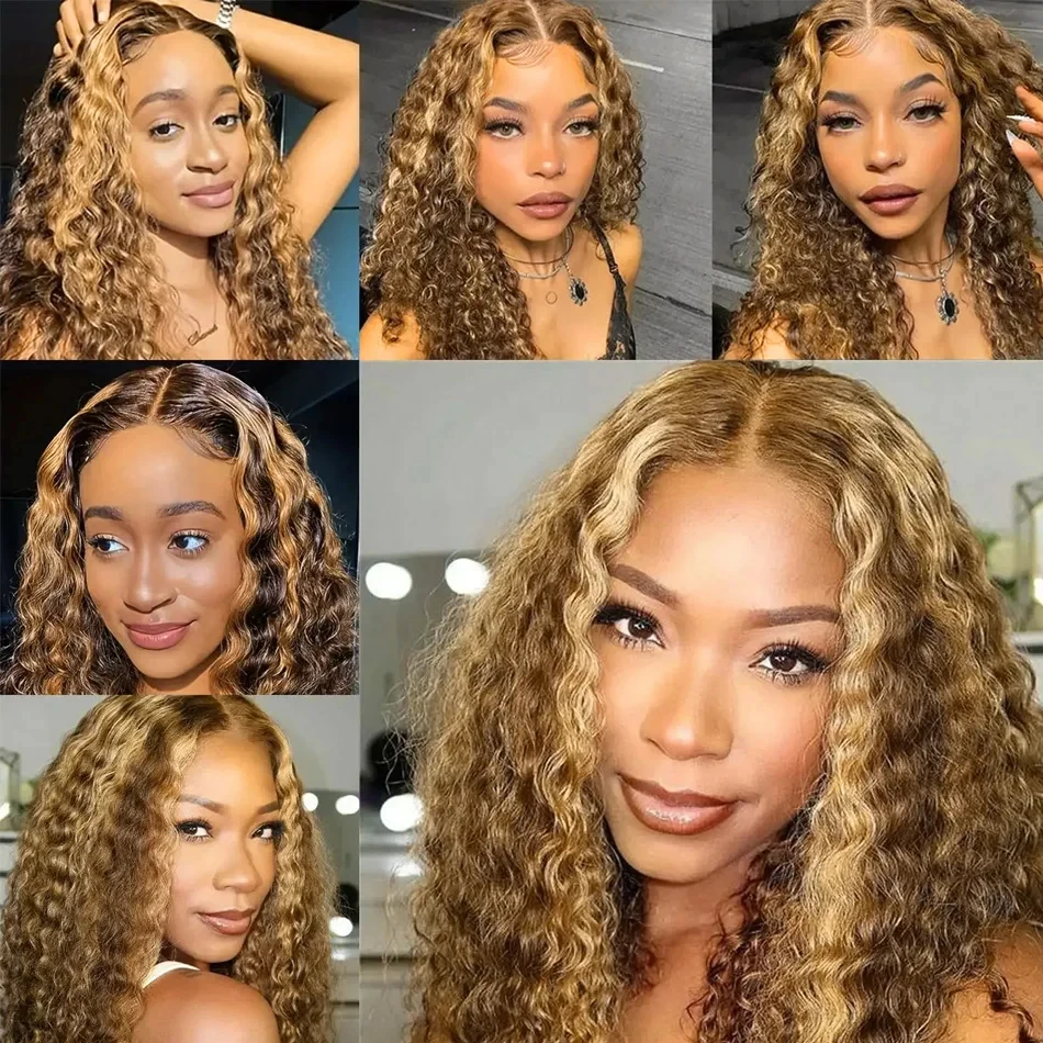 Peruca Curta de Cabelo Humano Encaracolado para Mulheres, Perucas Bob Onda Profunda, Destaque Ombre, Renda HD, 4 27, 13x4