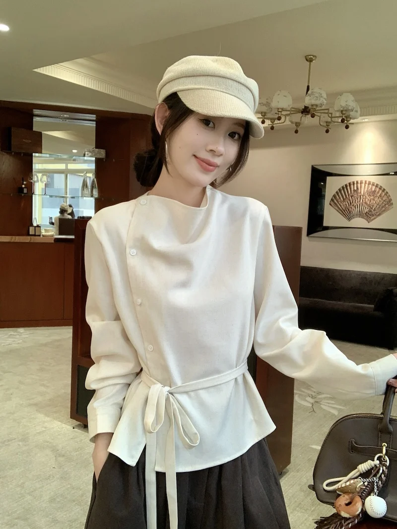 

Avant Garde Cowl Neck Asymmetric Shirt Women 2025 Fall Tied Waist Minimalist Top Effortless Chic Work To Weekend Sartorialism