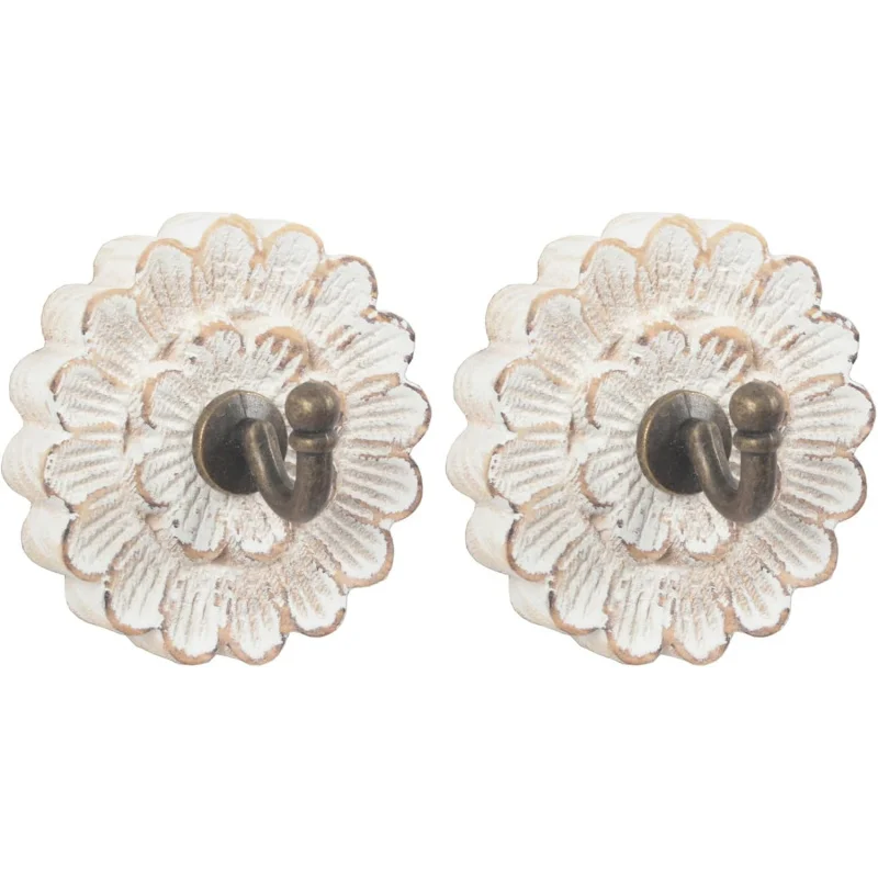 ローブハンガー S/2 ディストレスウッドフラワーコートフック 壁掛け用 シングル小型ヴィンテージ装飾ハンガー キー、バッグ、タオル用