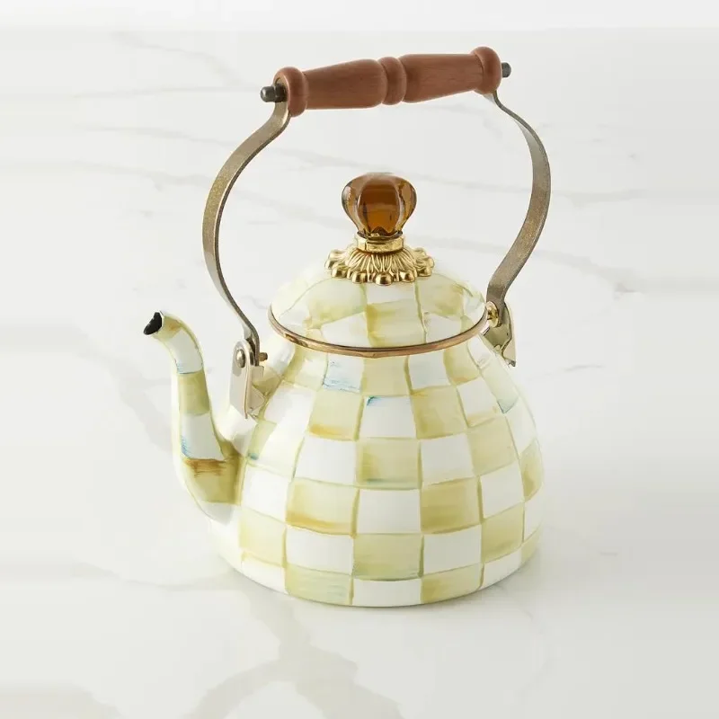 

Flower market black and white enamel wooden handle traditional kettle afternoon tea vase