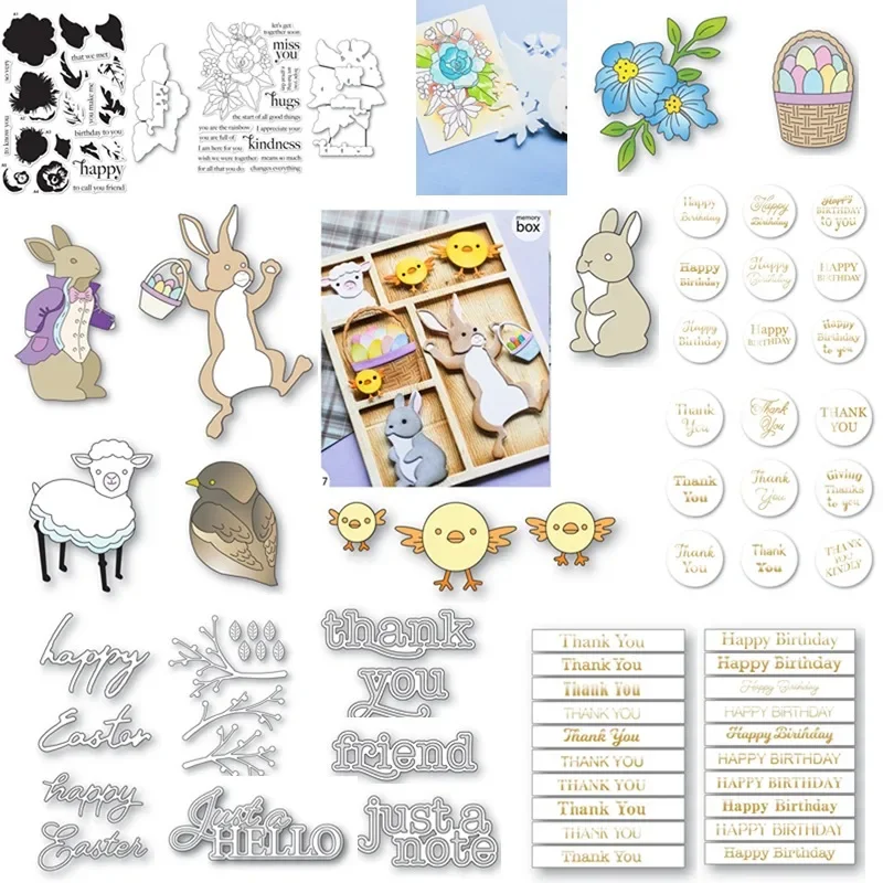 Cutting Dies StampsHappy Easter Bunny Floral Layered Chicks Sparrow Birthday Metal Scrapbook Diary Decoration Embossing Templat