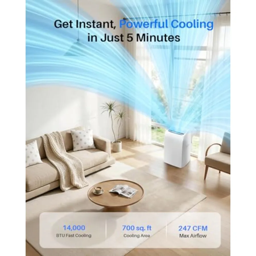 Portable air conditioner for bedroom/dorm/apartment: 14, 000 BTU, cools up to 700 sq. ft., ultra-quiet 42 dB, auto swing, 24H t