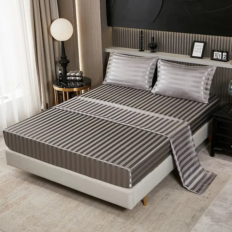 Con fodera per cuscino Lenzuolo di seta satinato estivo lucido Biancheria da letto per la casa con copriletto fresco e ghiaccio a righe