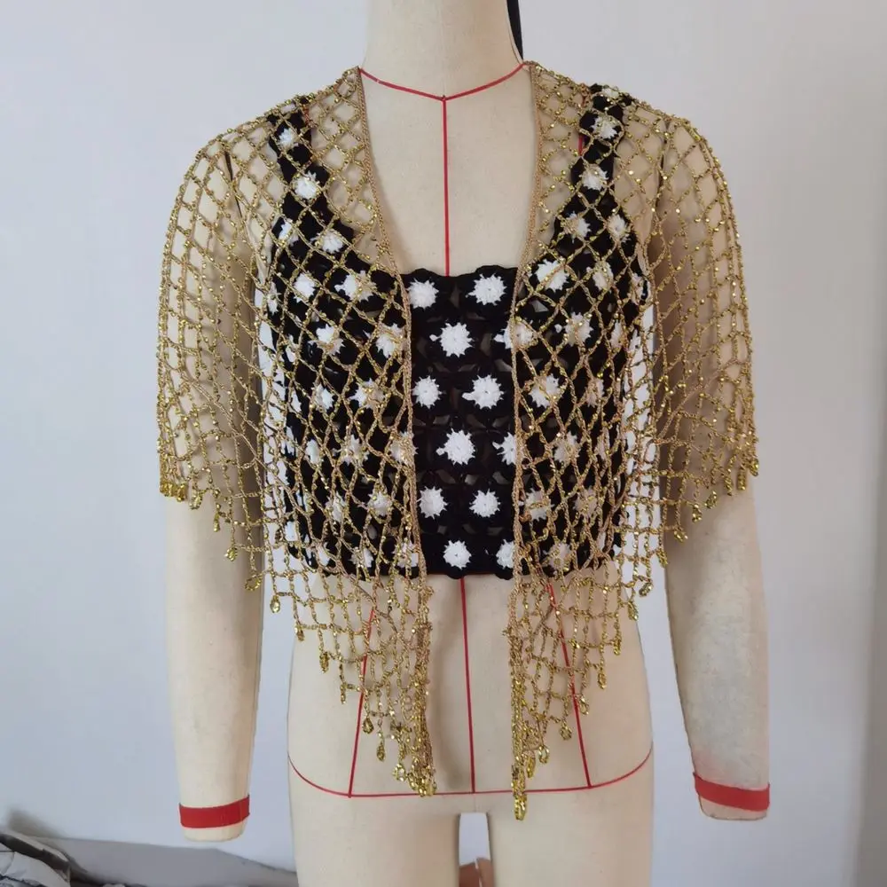 Boho Crochet Triangle Scarf Women Hollow Fishnet Shawl Elegant Evening Cape Beach Sunscreen Cover Up Fashion Knitted Wrap