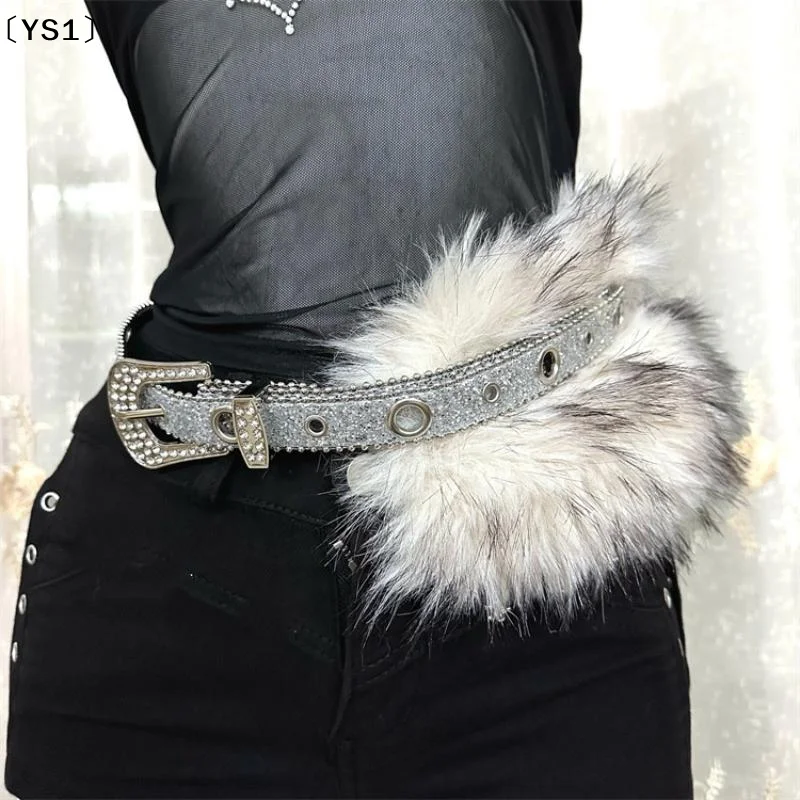 〔YS1〕Vintage Faux Fur PU Leather Rhinestone Belt Y2K Furry Fur Gothic Punk Sexy Waistband Night Club Waist Chain Jeans Pants Dec
