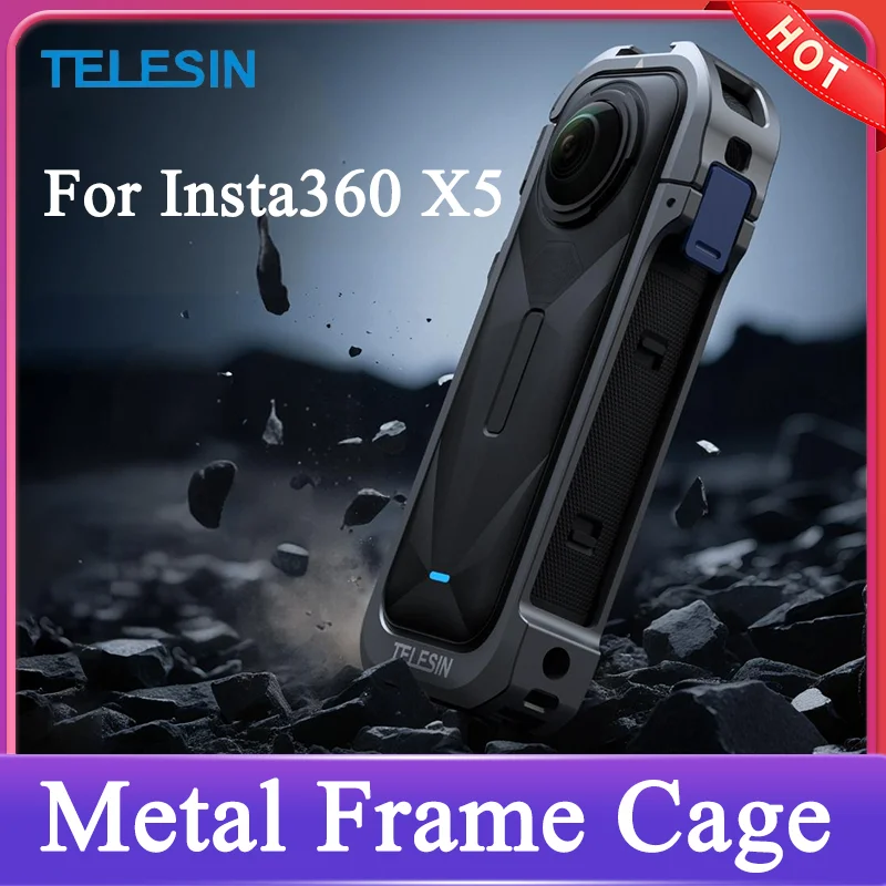 

Клетка TELESIN с алюминиевой рамкой для Insta360 X5, металлический корпус, корпус холодного башмака с силиконовой крышкой объектива для аксессуаров Insta 360 X5