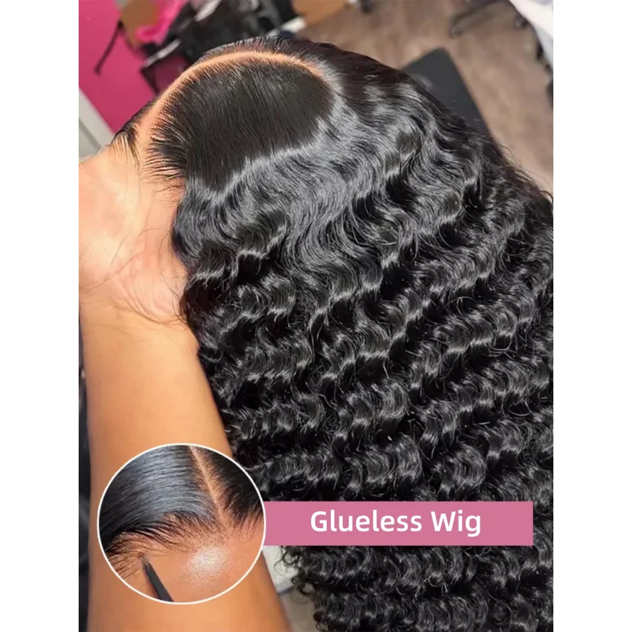 

Бесклеевые глубокие вьющиеся 40-дюймовые 200% 13x4 прозрачные кружевные фронтальные парики Бразильские предварительно выщипанные с детскими волосами Парик надевается и выходит