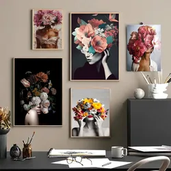 Flowers Feathers Woman Abstract Good Quality Prints and Posters HD Quality Poster Wall Art Painting Study Home Decor