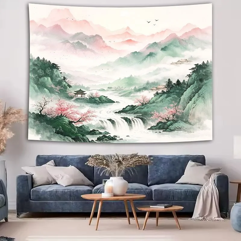 VIKAMA Dreamy Landscape Waterfall Tapestry, Ink-wash Style Peach Blossom Pavilion Wall Decor, Living Room and Bedroom Home Decor