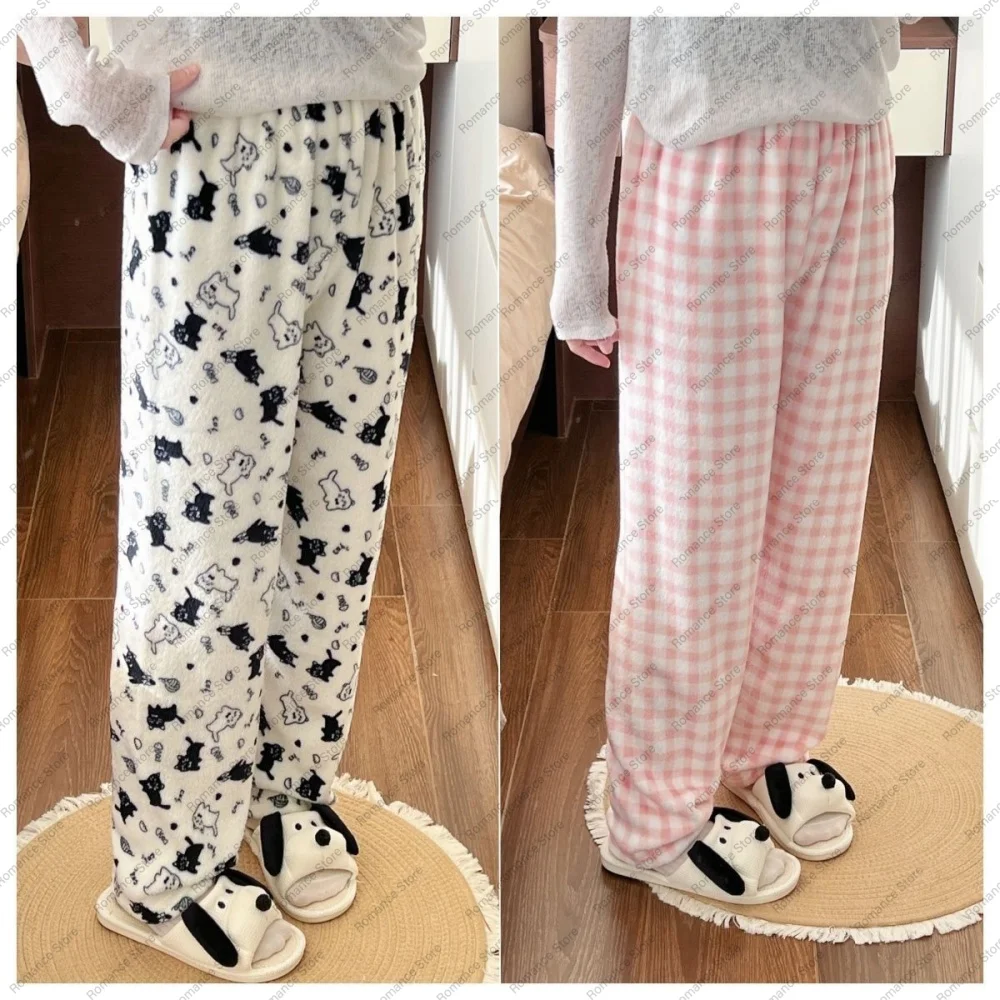 

2026 Sweet and cute flannel pajama pants for women loose Comfort and large-sized cartoon warm home wear for autumn and winter