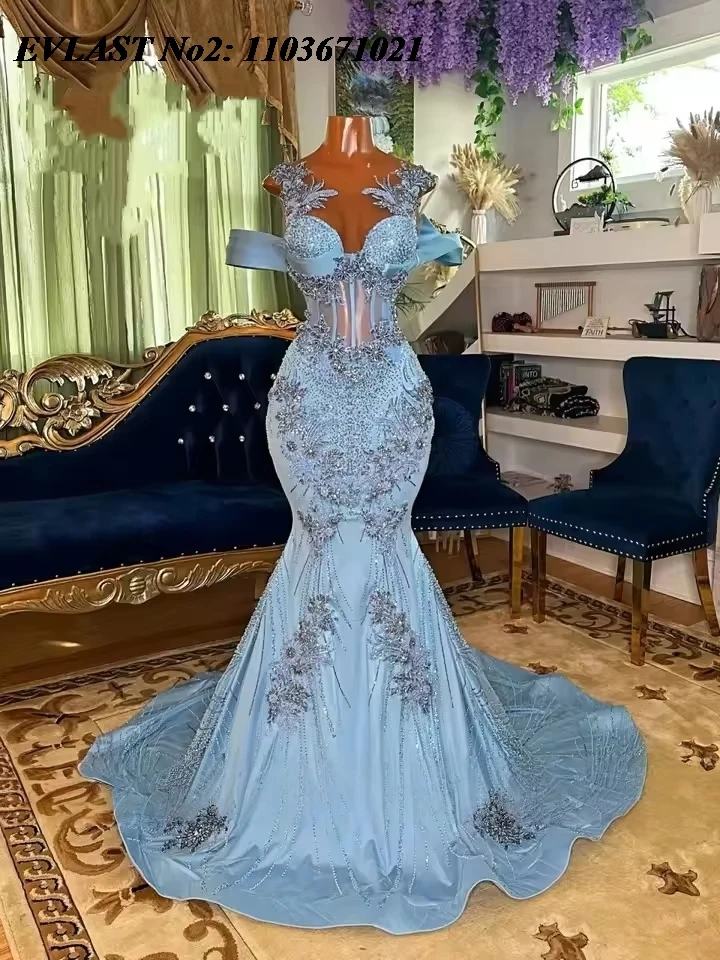 EVLAST Customized Shiny Blue Beaded Prom Party Dress Mermaid Gown for Black Women Slim Formal Party Wear Robe De Soiree SP347
