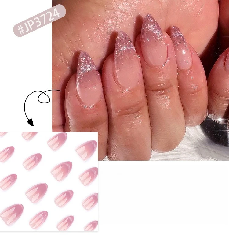

Glitter French Pink Purple Cat Eye Gradual Nail Art Almond Sparkling Fake Nails Detachable Finished False Nails Press on Nails