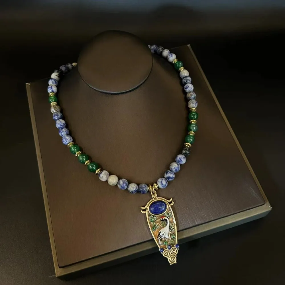 New Chinese Style Medieval Drop Oil Enamel Auspicious Crane Mural Earrings Coloured Glazed Beads Retro Lapis Lazuli Necklace Set