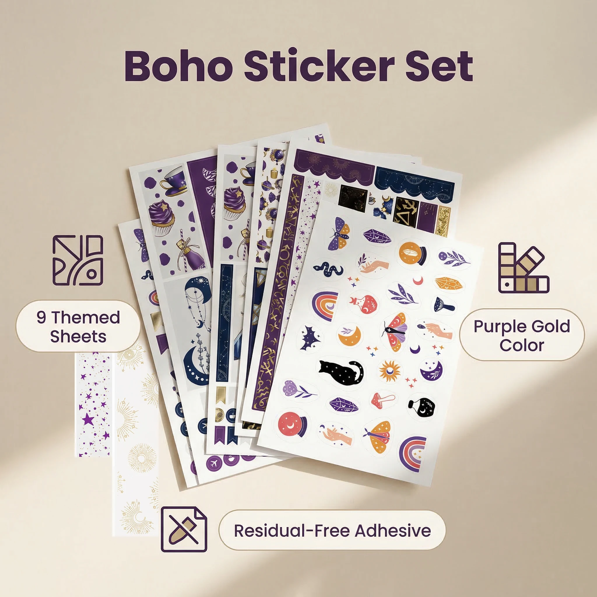 

9 Sheets BOHO sticker Set Purple Dreamy Aesthetic Scrapbook Stickers Individually Peelable Printed Paper for Journal Planner DIY