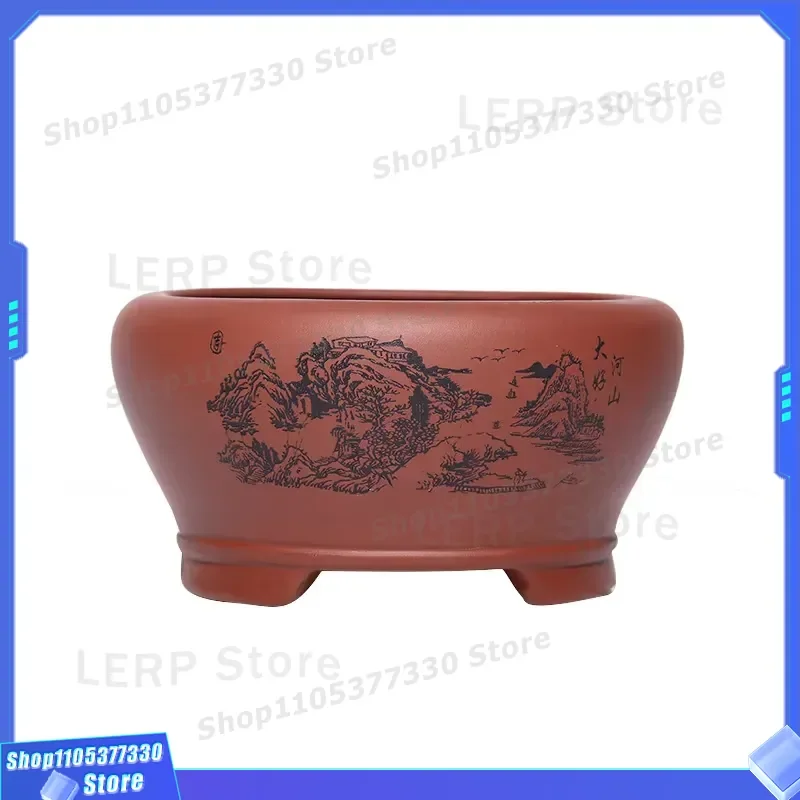 Small Round Yixing Purple Sand Bonsai Pot Hand Painted Unglazed Ceramic Flower Planter Custom Size Color Design for Tree