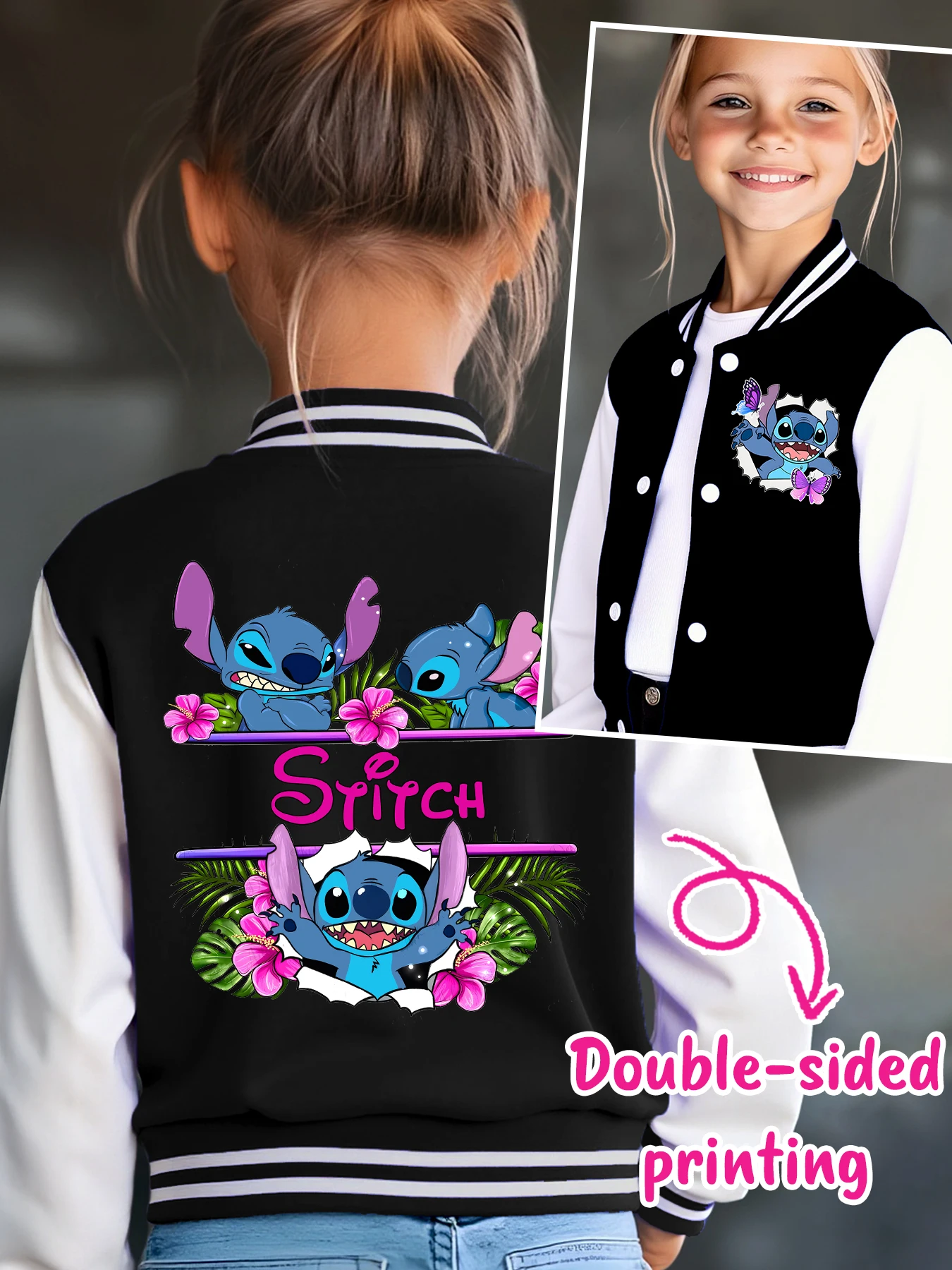 Disney fashion trend baseball jacket, suitable for daily sports and casual wear, printed with cute Stitch pattern, nice gift.