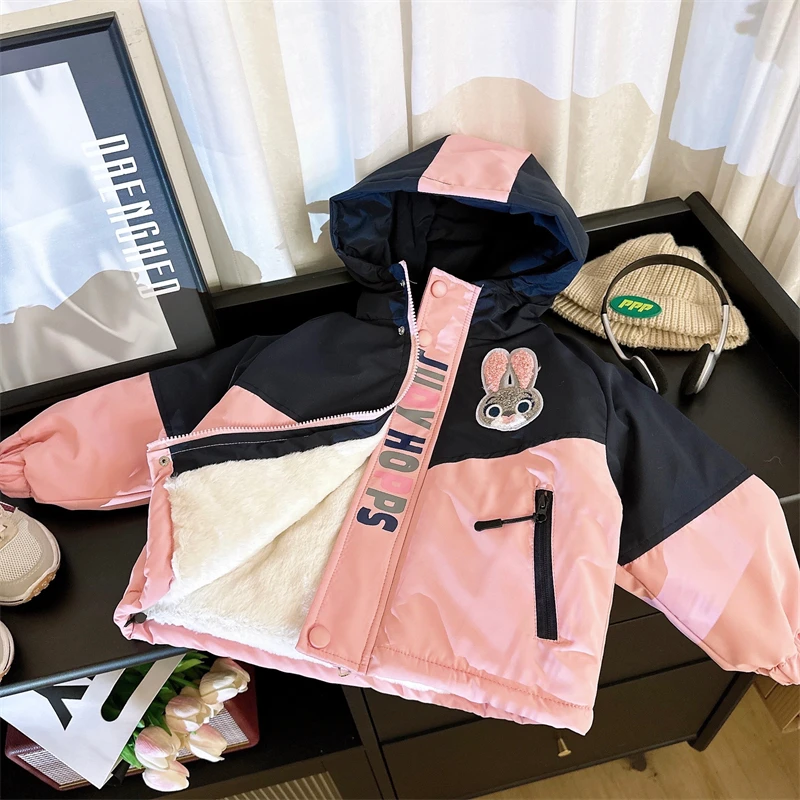 

Disney Judy Hopps Plush Coat For Girls Cute Cartoon Hooded Thicken Jackets Casual Fashion Children's Splicing Cotton Jacket