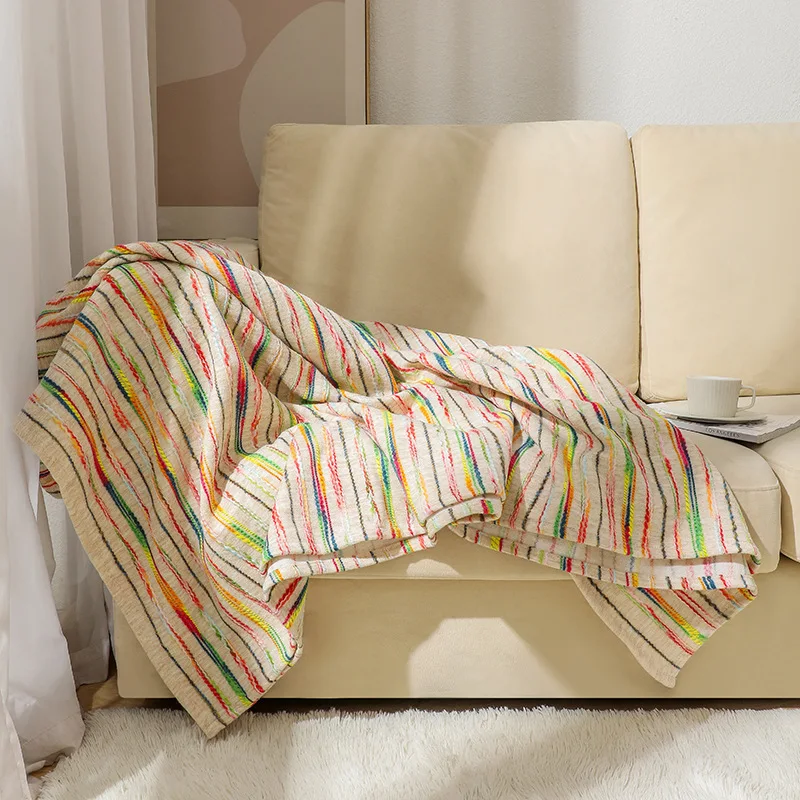 Korean Color Stripe Printing Thread Blanket Soft Colorfast Sofa Knee Blanket for Living Room Multi-Purpose Airplane Travel Shawl