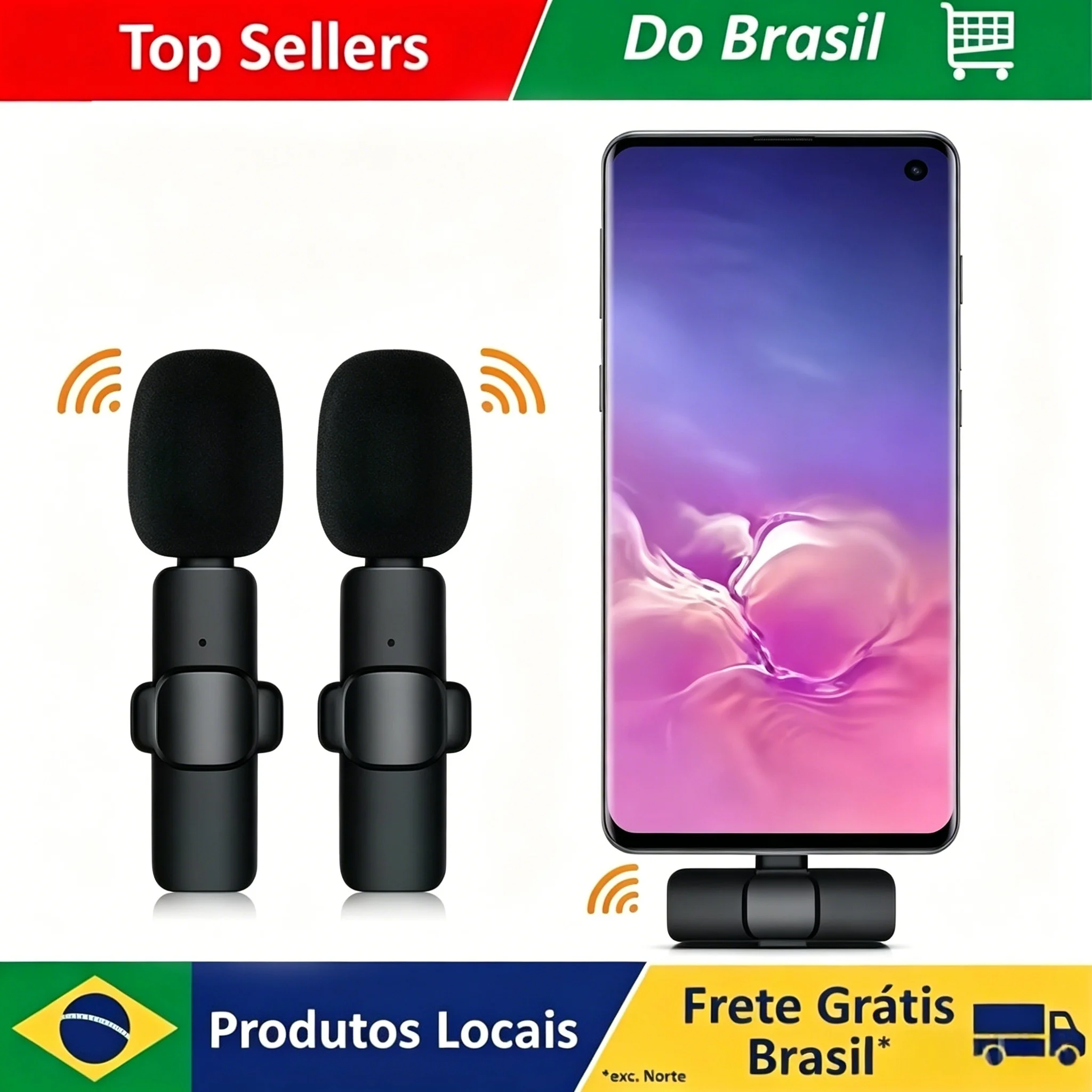 Microfone Lavalier Sem Fio Mini Brasil com Cancelamento de Ruído para iPhone, Android e Câmeras - Microfone Sem Fio Portátil para Entrevistas ao Vivo
