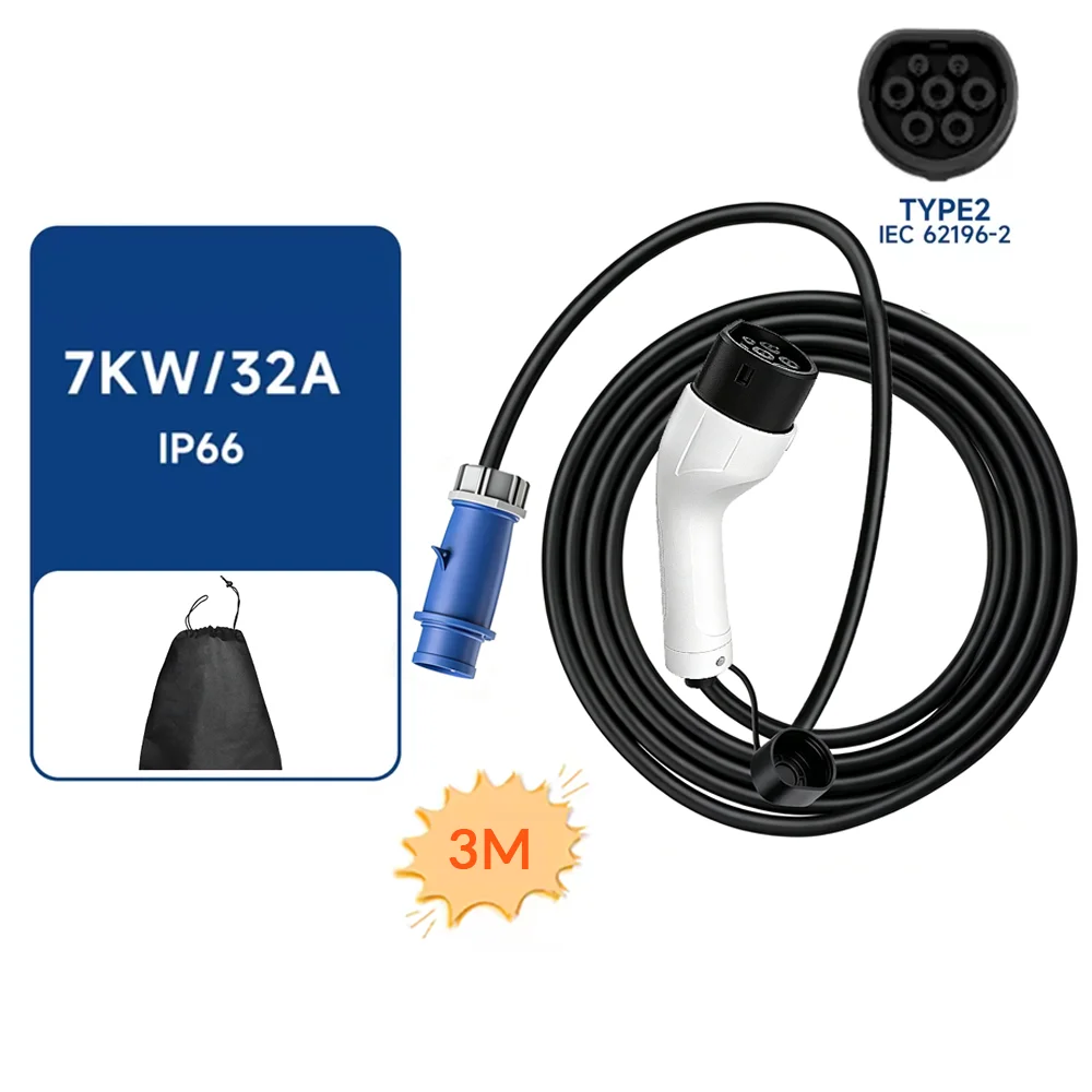 Portable 7KW 32A EV Charger with 3M-20M Cable Type2 IEC62196 EU Plug Wallbox Adapter Plug And Charge for Electric Vehicles