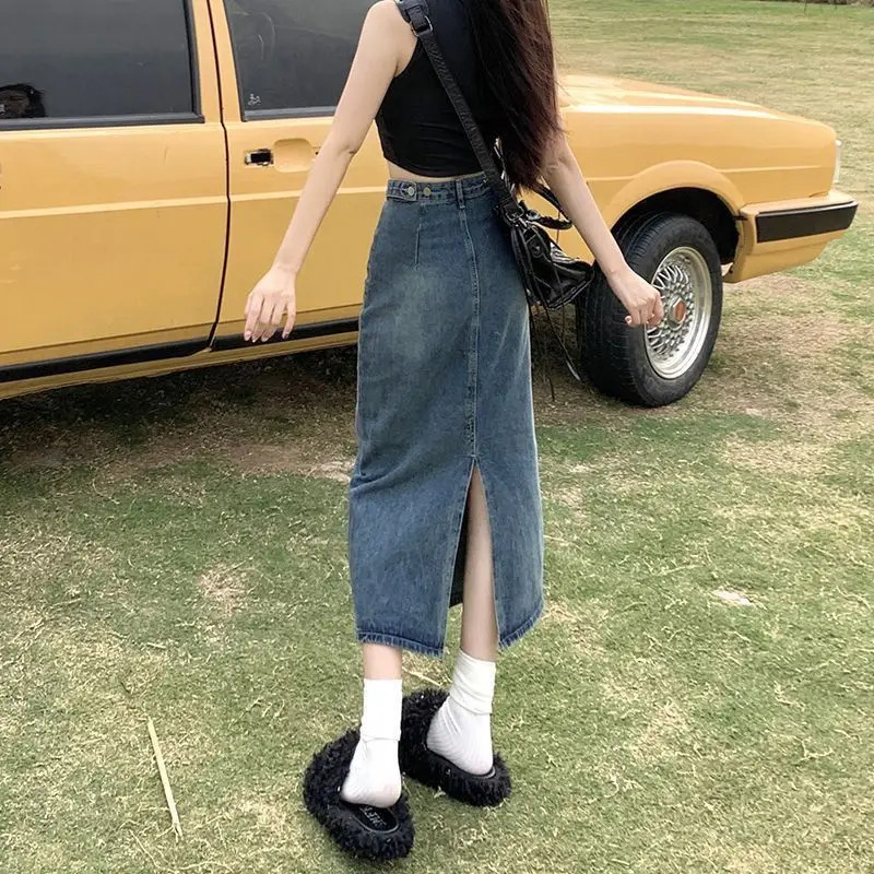 Split-ended Denim Skirt Women's 2026 New Summer High-waisted Hip-wrapped Design A-word Long Skirt