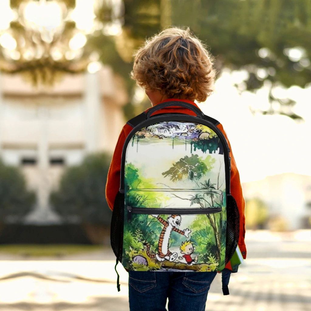 Mochila universitaria impermeable de alta capacidad para niñas, personajes de cómics de Calvin y Hobbes, nueva moda femenina, 17 pulgadas