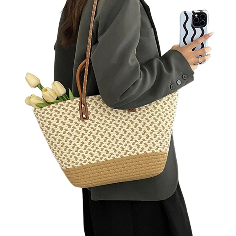 Womens Korean Fashion Woven Colorblock Handbag with Top Handle Large Capacity Beach Holiday Underarm Shoulder Bag Purse