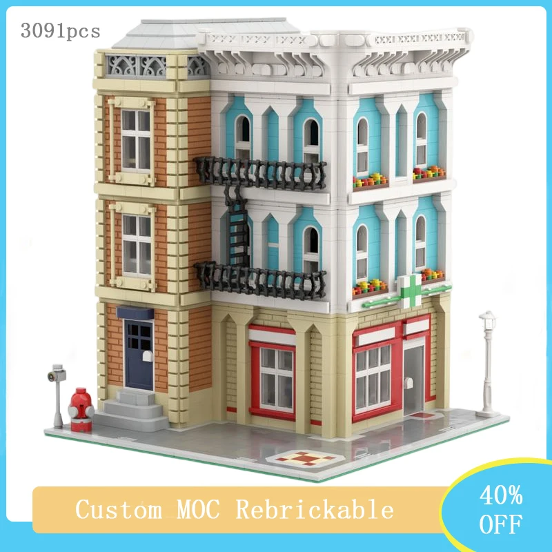 

Creative Expert Hot Sale Street View Model 3091pcs MOC Modular Pharmacy Building Block DIY Educational Adults Toys Teens Gift