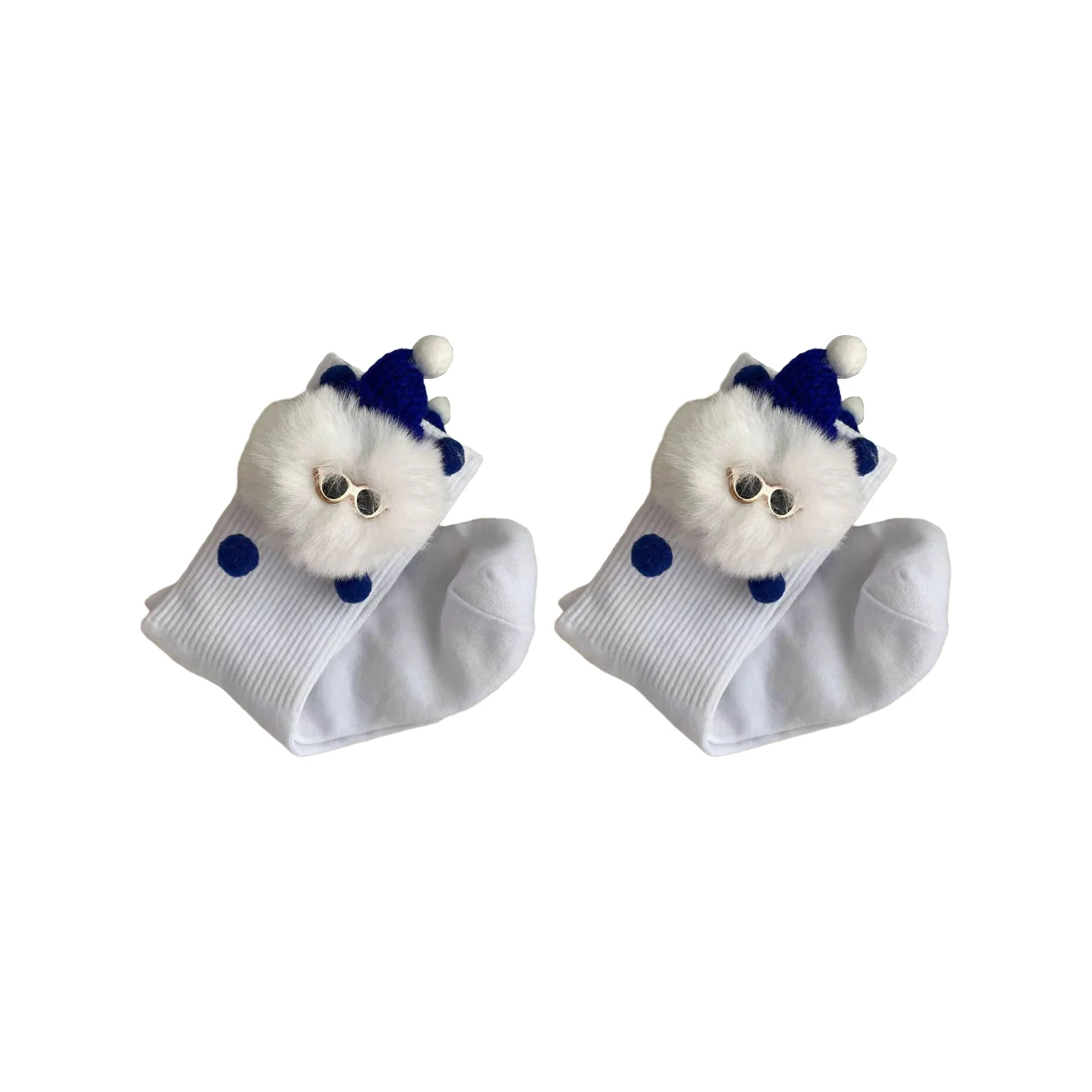 Colorful cute furball elf doll mid-calf socks set (1 pair each of white/purple/green/black)