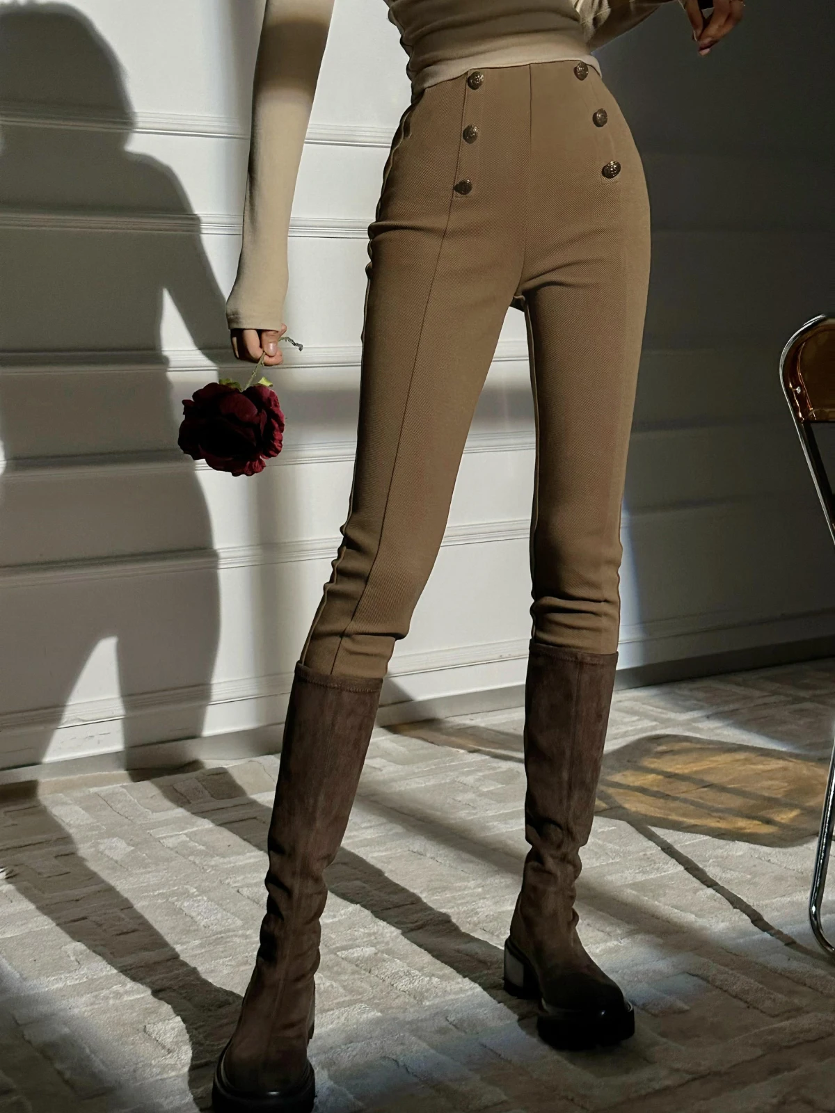 

Original XULU Casual Pants Elastic Slim Fit Diagonal Pattern Color High Waist Polyester Fiber Ladies Faion Spring Season