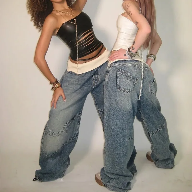 Women Low Waist Elegant High Straight Denim Loose Trousers Hip-hop Wide Leg Jeans Y2K America Vintage Sexy Female Wide-leg Pants