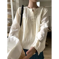 QWEEEK Kawaii Japanese Shirt Women Solid Color Elegant Youthful Sweet Blouse Lace Up Casual Long Sleeve Cute Clothes Autumn