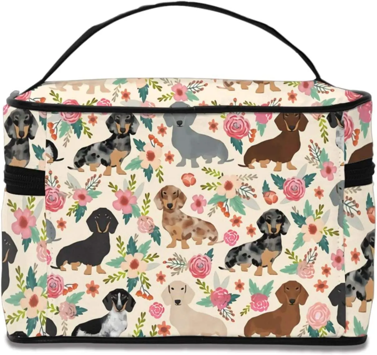 Dachshund Dogs Pink Flowers Makeup Bag Large Cosmetic Bag for Women Portable Travel Toiletry Bags Organizer