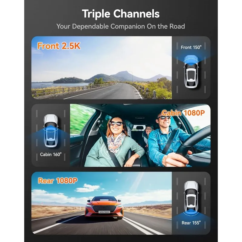 Channel Dash Cam Built-in WiFi GPS, 4K+1080P Front and Built-in Dash Cam with 3 Inch LCD Screen