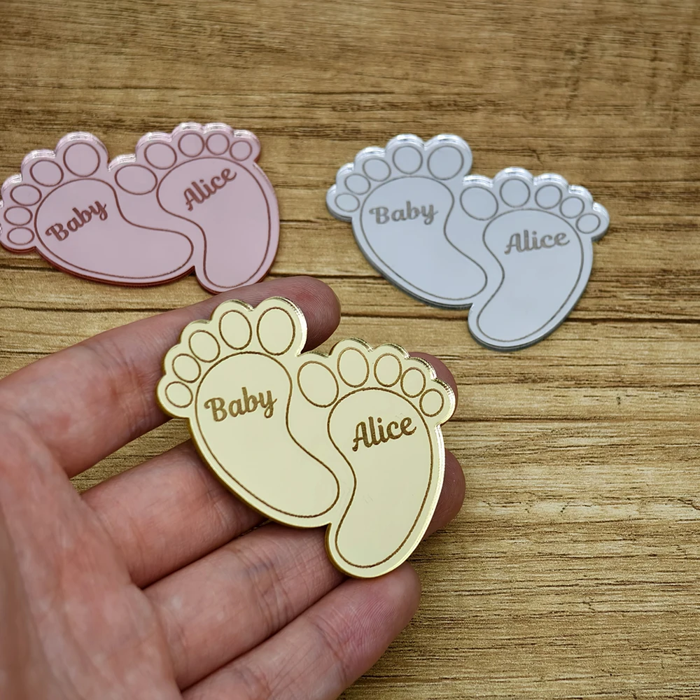 

30/50/60/70/100Pcs Personalized Mirror Acrylic Baby Shower Foot Tags Engraved Baptism Baby Name Foot Tags For Custom Gift