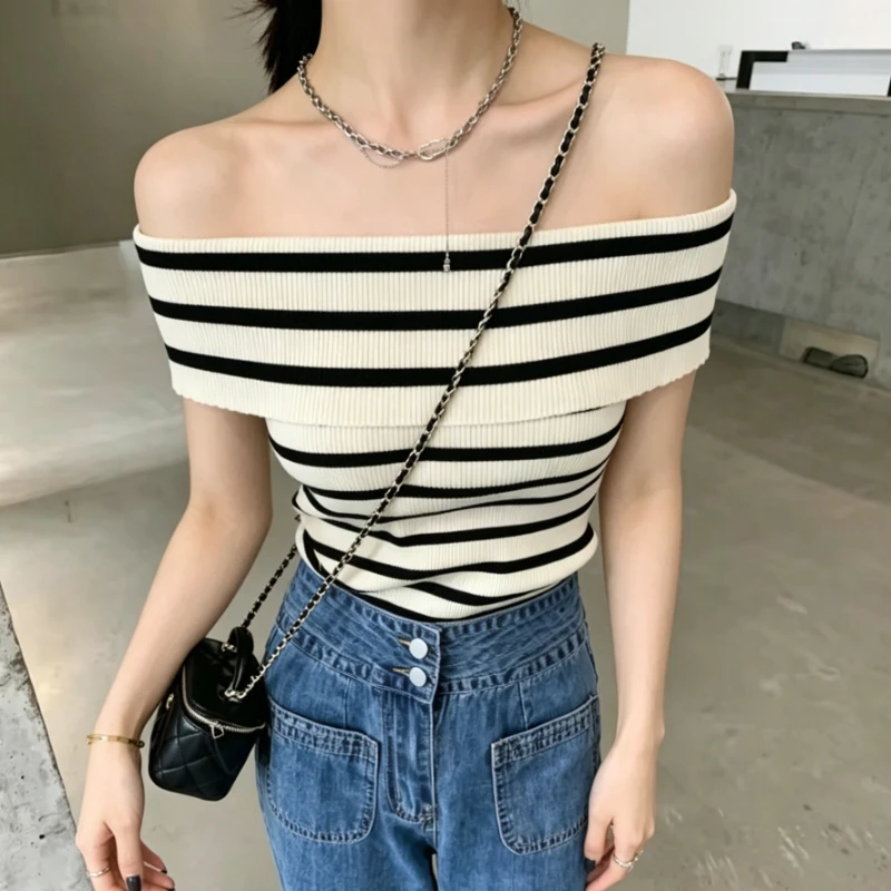 

Striped Off Shoulder Knit Top Women Off-the-Shoulder Ribbed Knit Top Blouse Slim Fit Crop Tops Summer Casual Chic Outfit