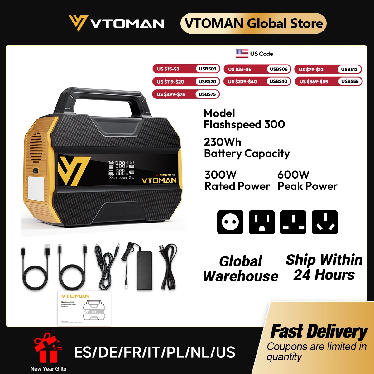 VTOMAN FlashSpeed 300 Portable Power Station 230Wh/70000mAh LiFeP04 Battery For