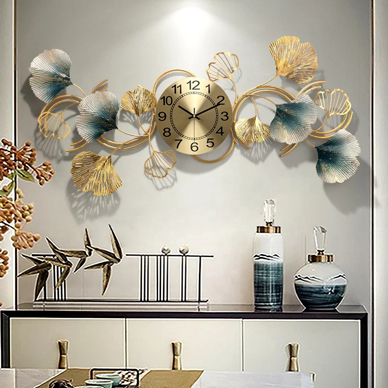 Golden Luxury Shining Ginkgo Leaf Wall Clock Home Decoration