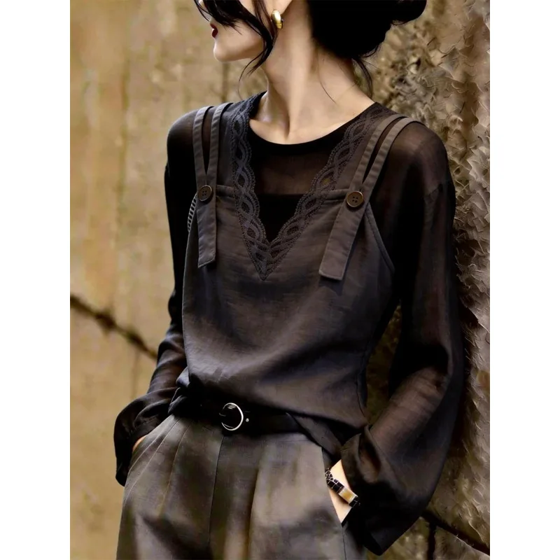 Casual Wind Charcoal Gray Top New Women's Clothing in Autumn 2026 Commuter Casual Elegant Soft High-end Shirt
