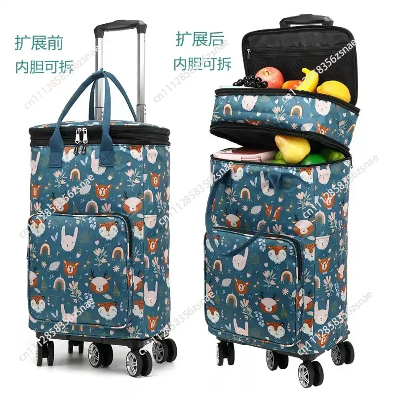Retractable Shopping Trolley Bag Foldable Portable Grocery Cart with Wheels for Supermarket Travel Camping Lightweight Durable
