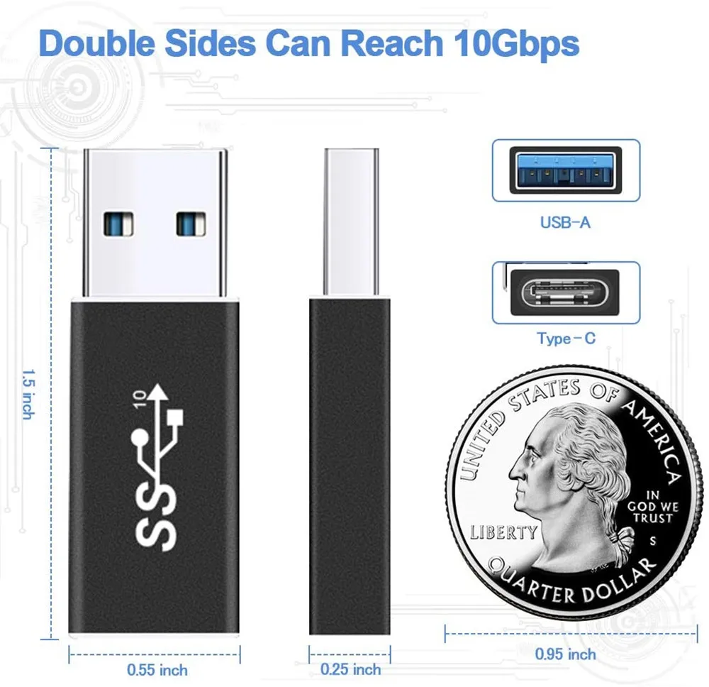 Adaptador USB 3,1 macho A tipo C hembra, convertidor USB A USB C 3,1 GEN 2, compatible con carga y datos de doble cara de 10Gbps