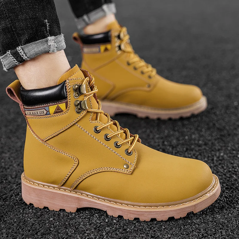 Men\'s Autumn Winter Ankle Snow Yellow Brown Boots With Fur Genuine Leather Casual Shoes High Quality Men Outdoor Work Shoe 2021