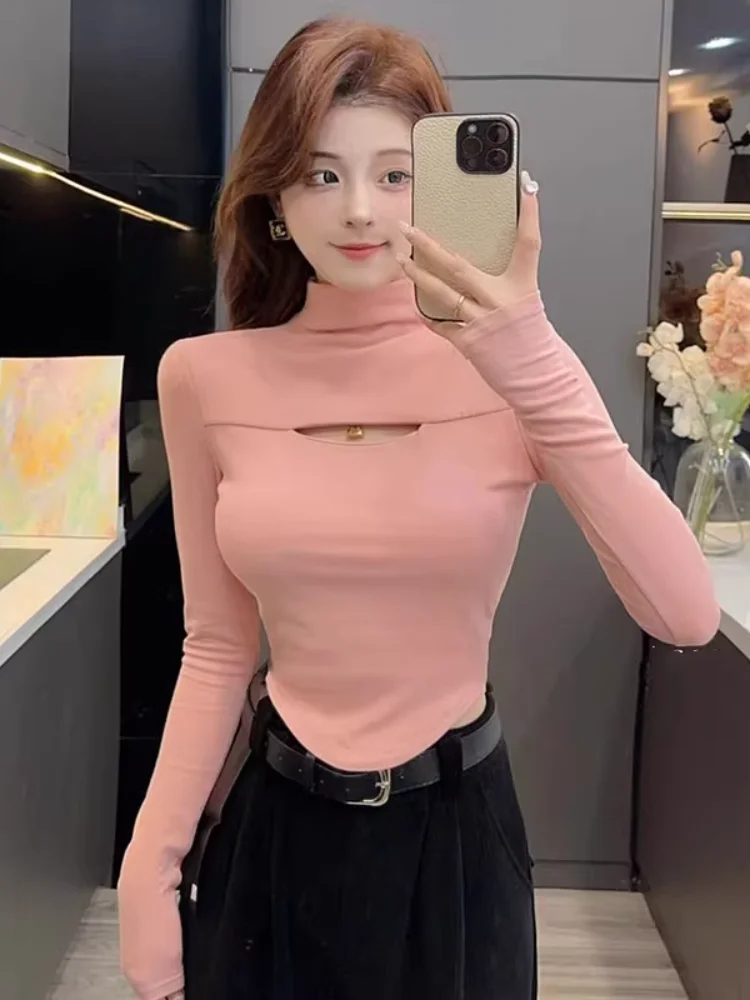 Women's Fleece Lined Long Sleeve Short Hollow out High Collar T-Shirt Sexy Style Slim Fit Base Shirt Inner Wear Spring Autumn