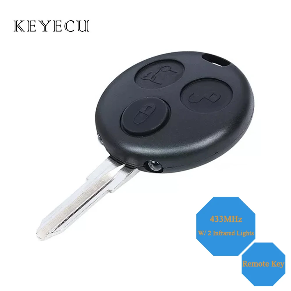 

Keyecu 3 Buttons Replacement For Smart ForTwo Passion Pulse City Roadster Remote Car Key Fob 433MHz With 2 Infrared Lights