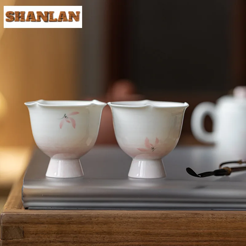 

2pc/lot Hand-painted Pink Orchid High Foot Teacup Luxury Tea Bowl Jug Tea-tasting Fragrance Cup Chazhan Master Cups Teaset 70ml